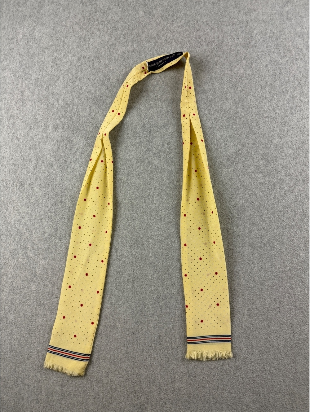 Vintage Ginnie Johansen Inc. Yellow Silk Scarf with Red and Blue Polka Dot and D
